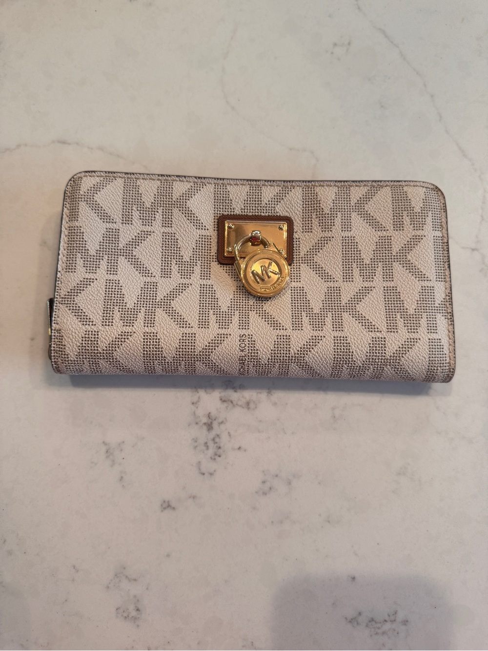 Michael Kors Beige/Tan Signature MK Continental Wallet with Gold Accent